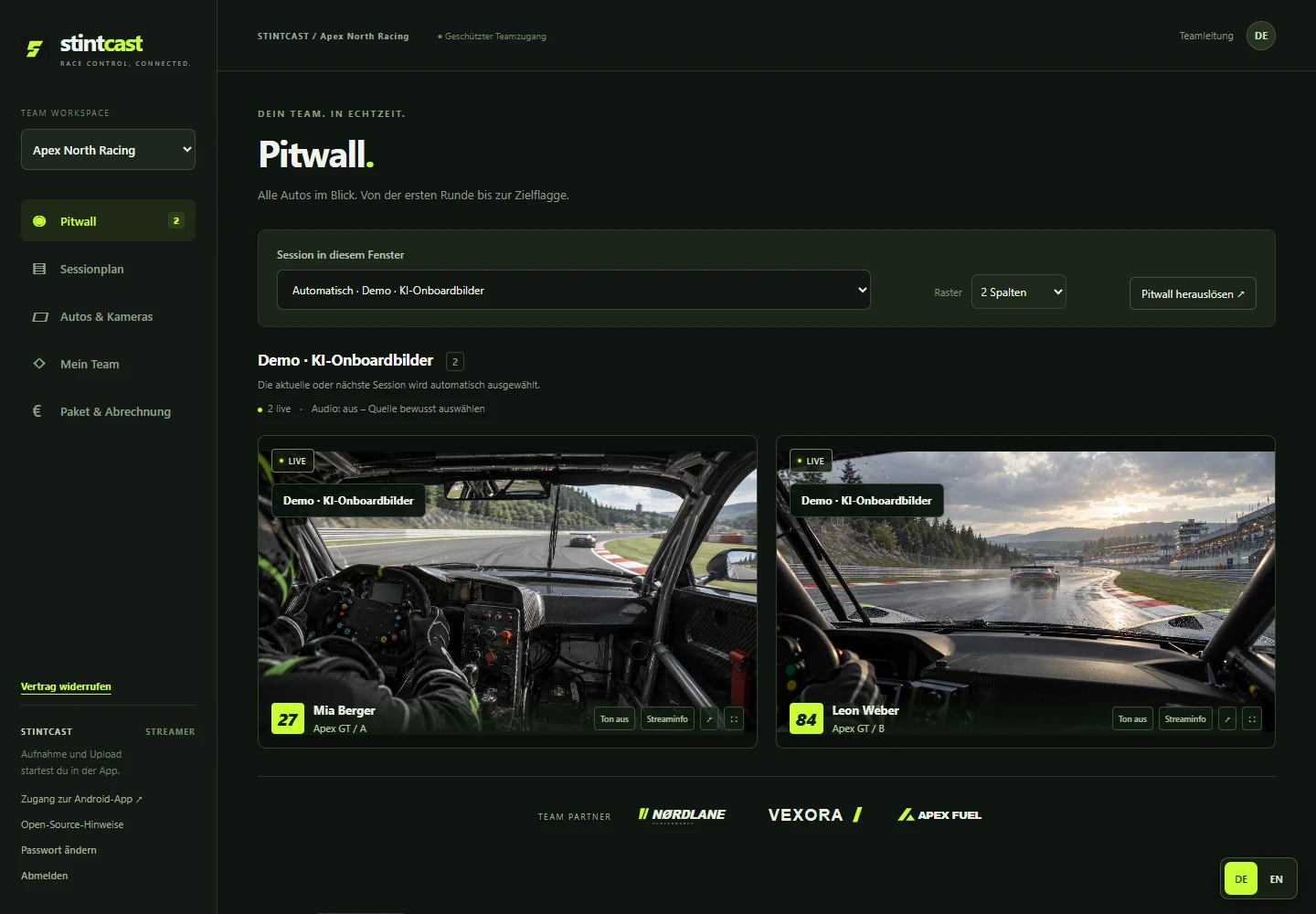 Echte Pitwall mit fiktivem Team Apex North Racing, zwei synthetischen Demokameras und fiktiven Sponsoren